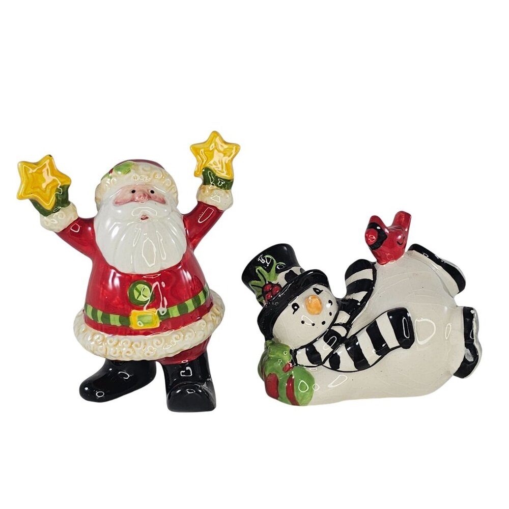 Fitz And Floyd Christmas Tumbling Santa Claus & Snowman Figurine Set